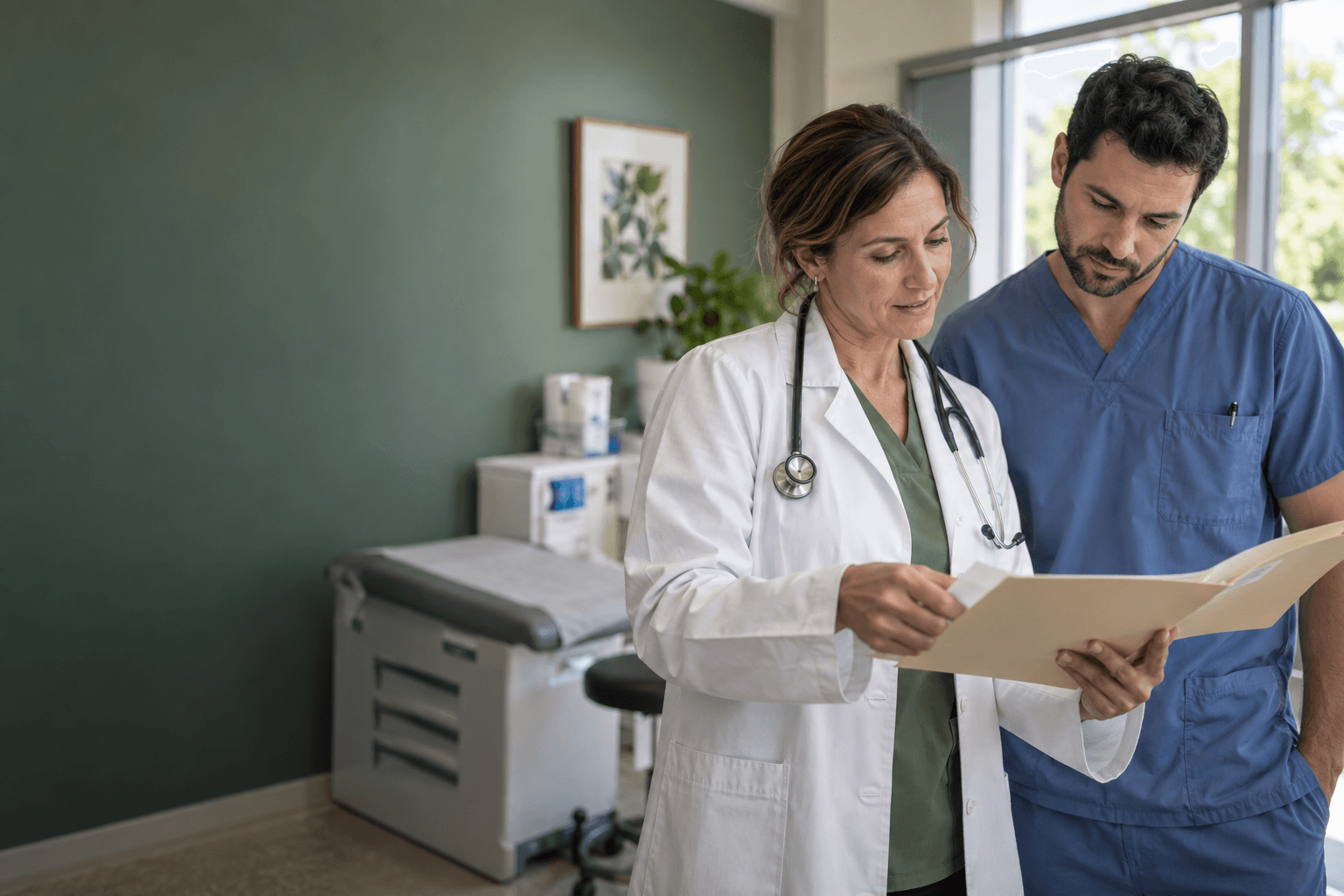 Two physicians reviewing a chart together in a medical practice